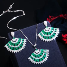 Unique Green Cubic Zircon Fan Pendant Necklace Earring Silver Plated Jewelry Set