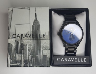 NIB Caravelle by Bulova Men's Black Stainless Steel Watch Blue Dial 45C116 30m