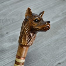 Cane Walking Stick Wooden carved Handmade - Wolf Dog Brown