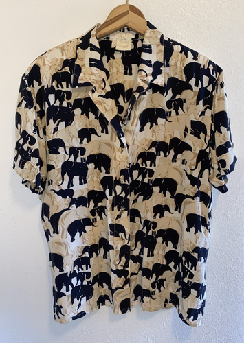 VTG 90'S ESCADA MARAGRETHA LEY Black Tan Elephant Print Silk Blouse Size 40
