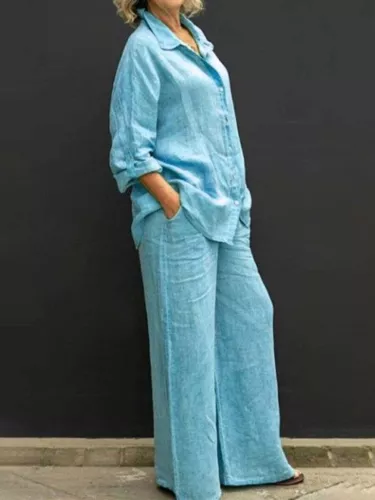 Damen Baumwolle Leinen Anzug Hemd Lockere Hose Set Langarm Freizeit Sets Sommer - Bild 21 von 32