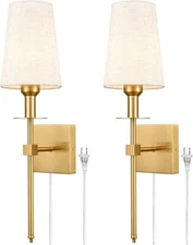 Gold Wall Sconces Set of Two Plug in Sconces Wall Lighting with Fabric Shade