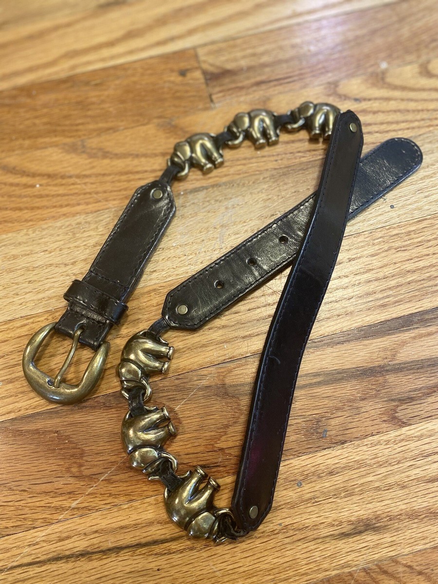 Vtg Liz Claiborne Womens Leather Elephant Belt Fashion Brass Size Medium Black Vtg Liz Claiborne Black Leather Brass Elephant Belt Eclectic  main image 2