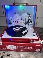6 Inch Polar Bear Family Christmas Scene Animated Musical Light Up Record Player