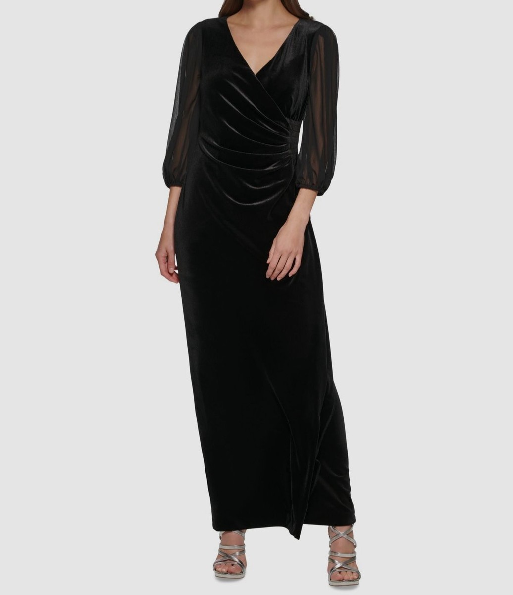 dkny evening dresses Women's Black Side-Ruched Chiffon-Sleeve Velvet Gown Dress Size 8 Size:FR 38 connie A New Day High Ball gown chlorine bleach when needed