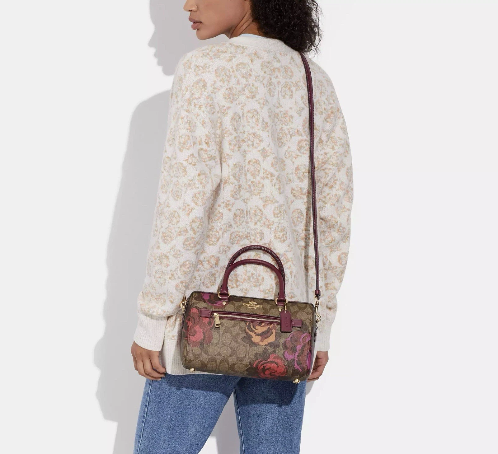 Borsa a tracolla Coach Rowan nuova con etichette in pelle tela firmata con jumbo floreale kaki