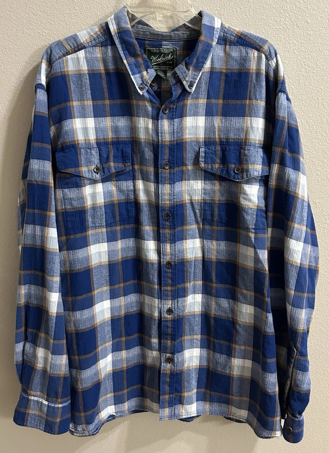 Woolrich Mens Organic Cotton Flannel Shirt Size XXL Blue Plaid Outdoor Heritage