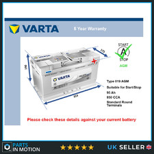 AGM Car Battery A5 Varta 019 AGM 850A 95Ah 5Yr Warranty 353x175x190 Start Stop