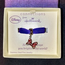 Disney Hallmark Minnie Mouse Bow Dangle Stainless Steel Bracelet Crystal Bead