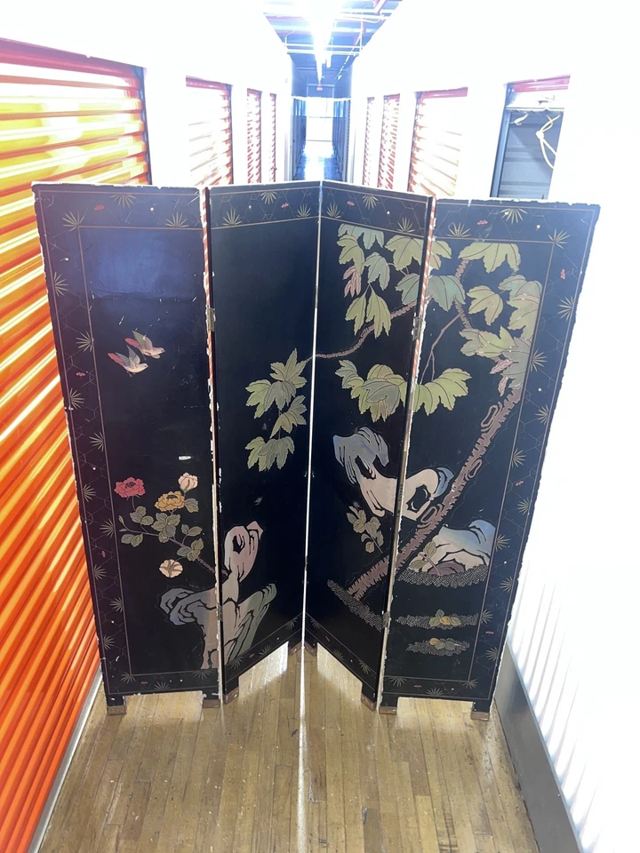 Oriental Asian Four Panel Screen Gold Chinoiserie Coromandel Room Divider Geese - Image 3 of 4