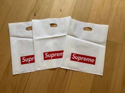 Sac shopping plastique blanc suprême logo boîte rouge 13" x 16 lot de 3