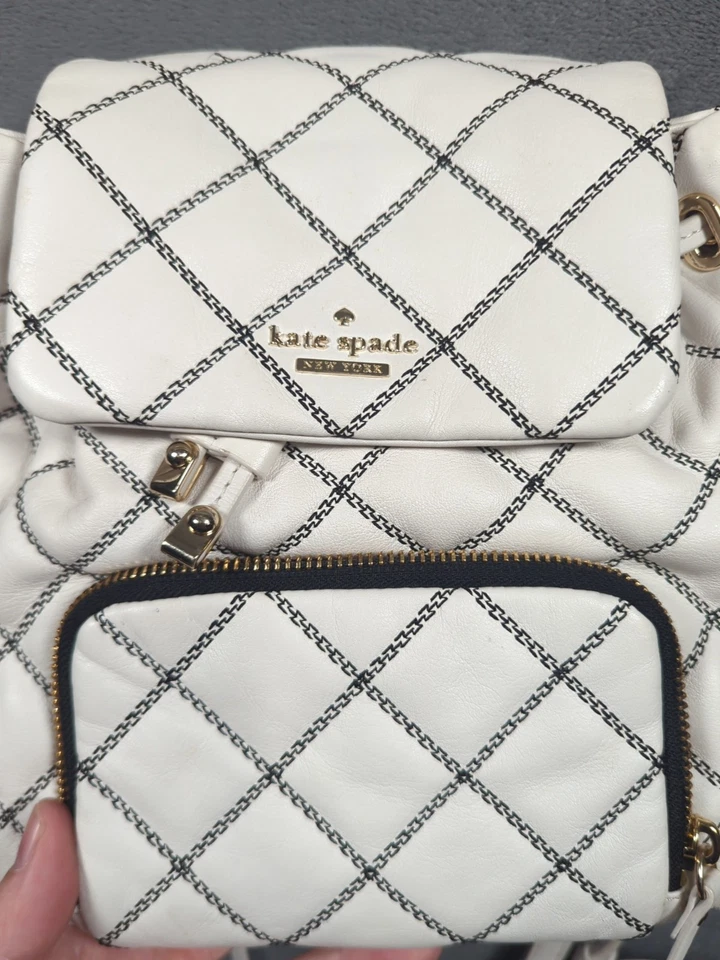 KATE SPADE TAYLOR LEATHER BACKPACK Windowpane Cream Check Purse Limited Edition - Image 3 of 4