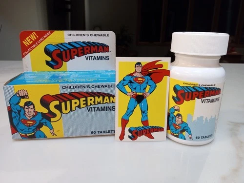 Vintage SUPERMAN VITAMINS  Chewable Vitamins, DC Comic Card Inside " RARE "