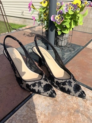 Betsey Johnson Nikki Black Lace, Bugle Bead & Sequin Designer High Heels Size 8