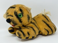 Vintage Tiger Plush Stuffed Animal Soft Toy Striped Cat Green Eyes Ear Flaw 