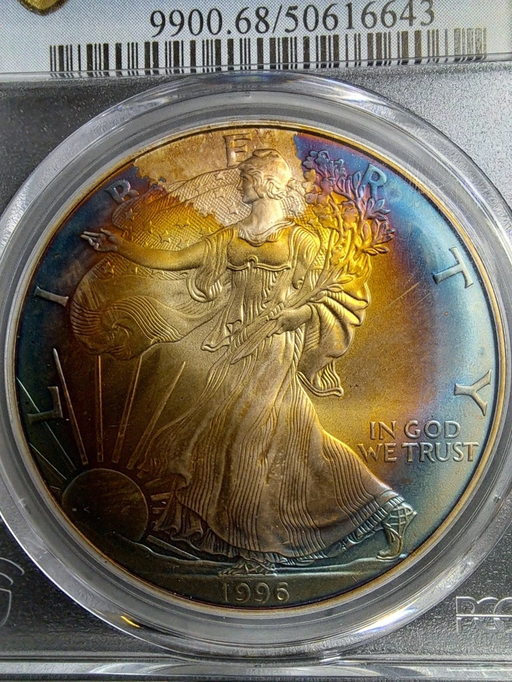 1996 AMERICAN SILVER EAGLE PCGS MS68 MONSTER RAINBOW TONED KEY DATE  - Image 3 of 4