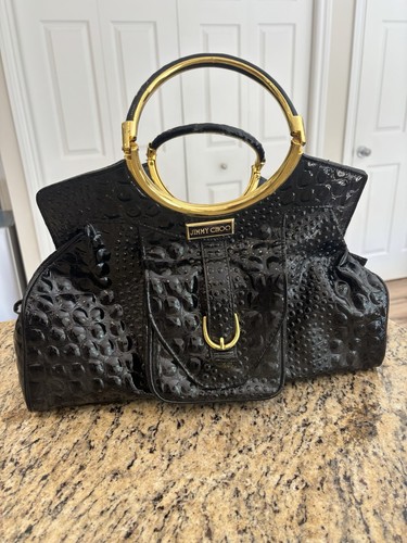 Jimmy Choo Black Croc Pattern Top Handle Satchel Zip Gold Ring Detachable Strap