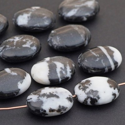 10 pcs black white Mexican zebra jasper stone flat oval beads avg 20mm