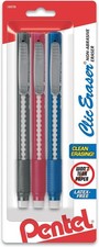 Pentel Clic Retractable Eraser With Grip, Assorted Barrels, 3 Pack ZE21BP3M 