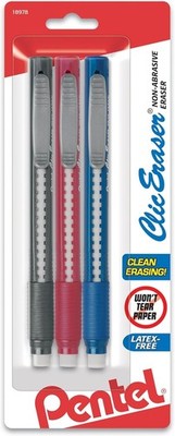 Pentel Clic Retractable Eraser With Grip, Assorted Barrels, 3 Pack (ZE21BP3M)