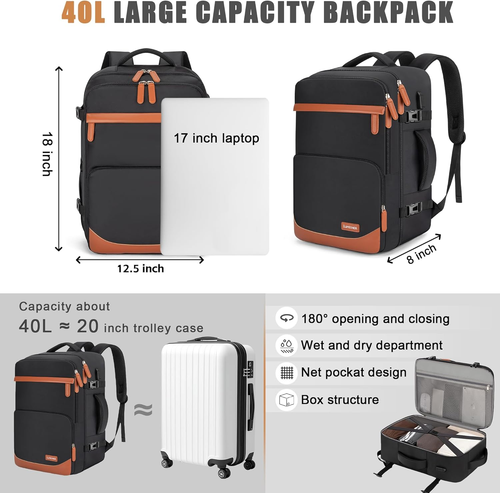 40L Travel Backpack with USB Charging Port Carry-On Bag fits 15.6" Laptops - Picture 6 of 16