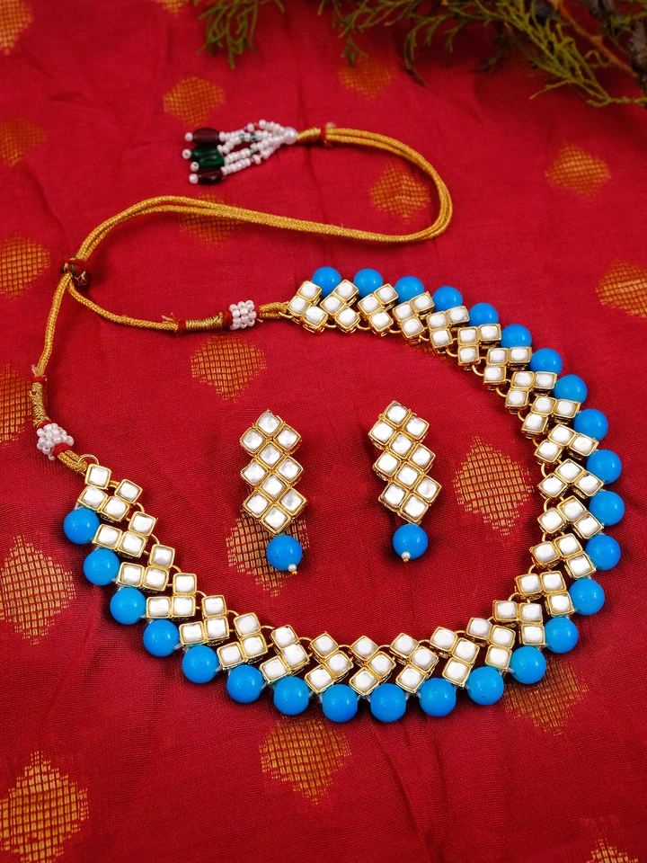 Conjunto de joyas de boda india de Bollywood con tachuelas de piedra azul Kundan collar pendientes Foto 3 de 3