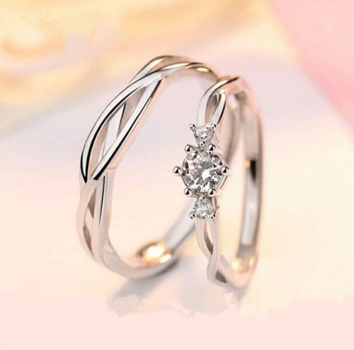 Love Heart Silver Pave Cubic Zirconia Twist Couple Pair Adjustable Band Ring - Picture 5 of 5