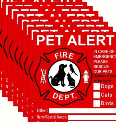 10 PACK Red Pets Inside Alert 4'' Rescue Emergency Fire Window Stickers Decals
