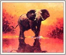 oil painting animal elephant-Sundowner on canvas Home Wall Deco handmade Art 36"
