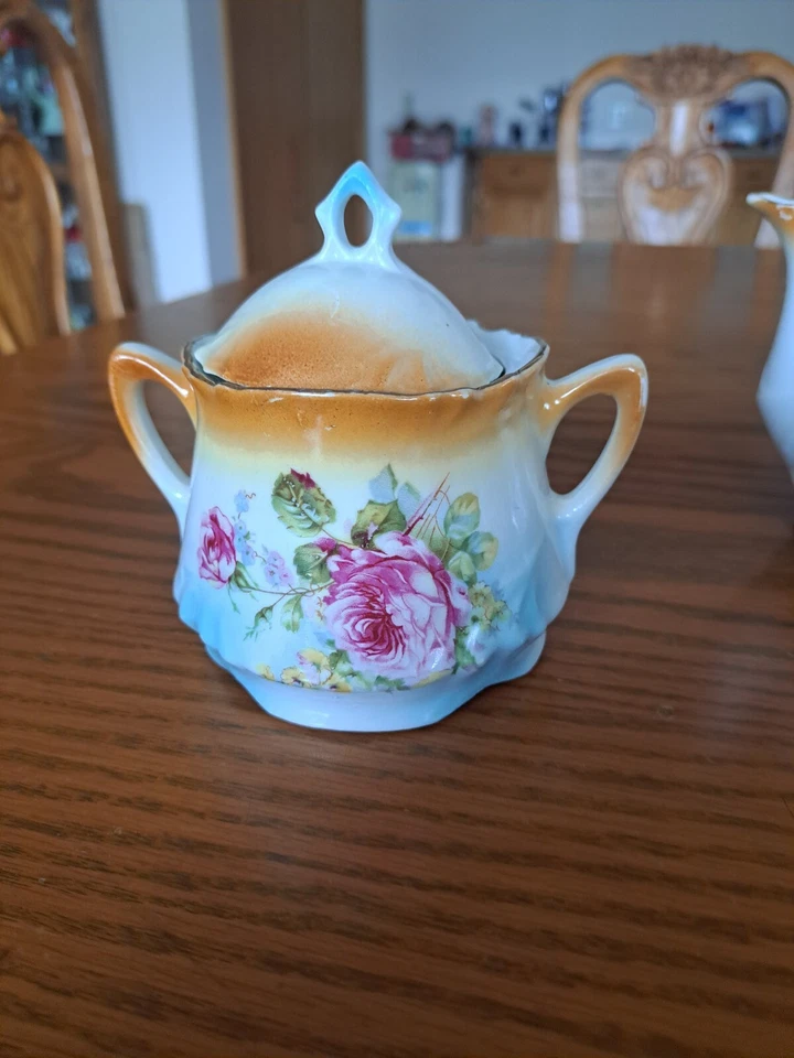 Teapot, Creamer & Sugar Bowl With Lid Antique Rose Pattern Porcelain China Set - Image 3 of 4