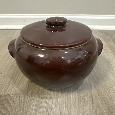 Vintage Stoneware Bean Pot USA Pottery Brown Glaze 2 Quarts Complete With Lid