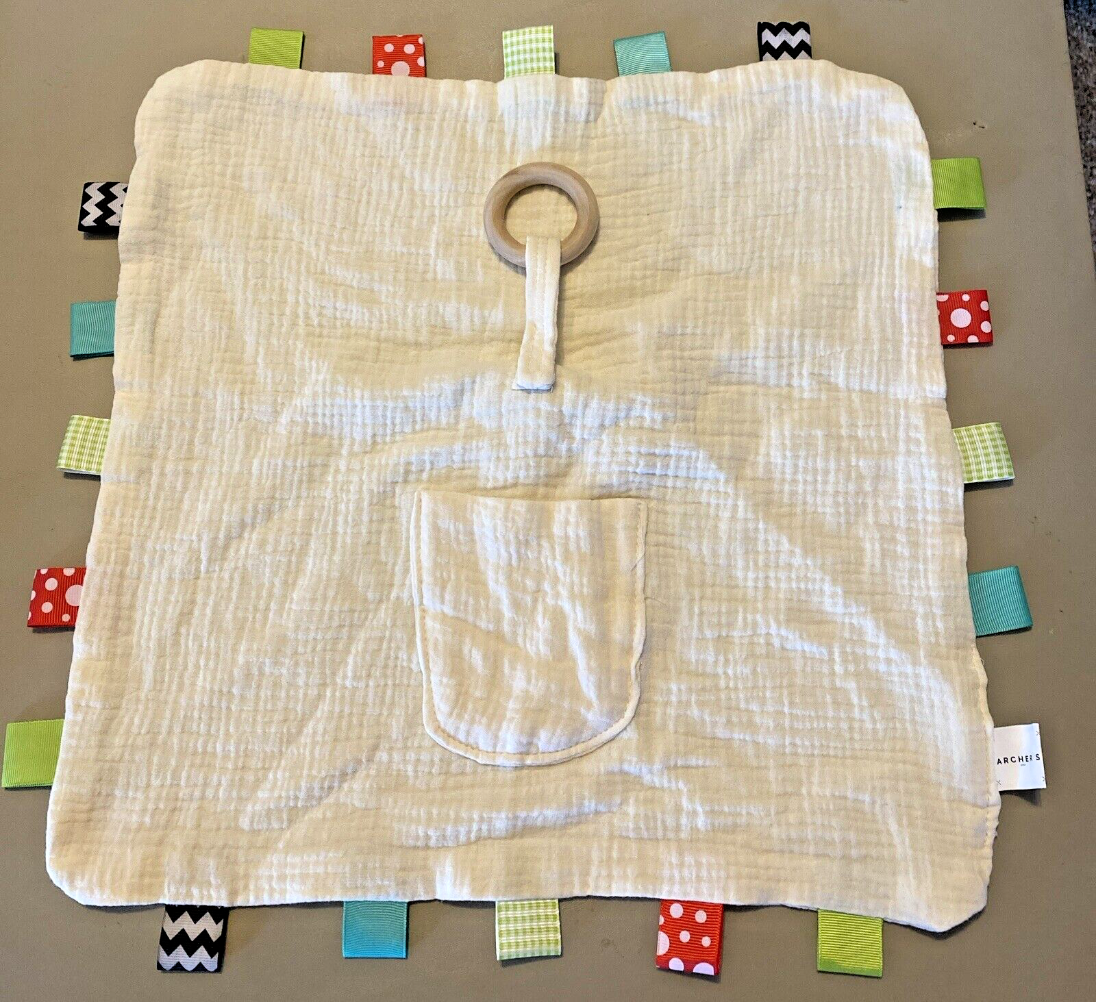 Archer's Off  White Muslin Baby Lovey Blanket Loop Tags Pocket unisex