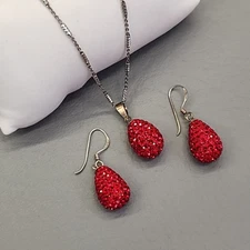 Red Rhinestone Necklace Pierced Earrings Set J Francis Teardrop 925 Silver 24"