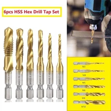 6Pcs 1/4in Hex Shank HSS Screw Thread Countersink Tap Drill Bit Combination Set