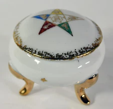 2" Porcelain Trinket Box Jewelry Ring Holder Order Eastern Star Golden Accents