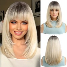 Ombre Blonde Bob Wig With Bangs Short Straight Wig For Women Synthetic Hair Wig