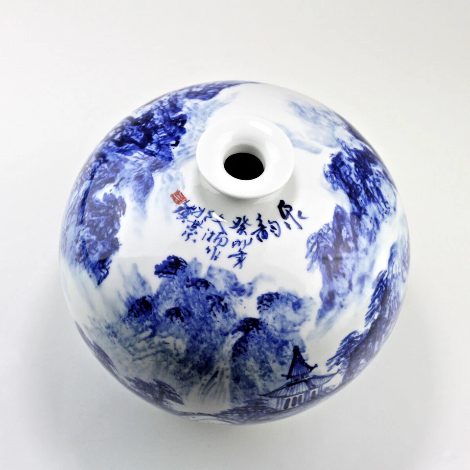 Chinesische Vase "Landschaft"Kugelvase Porzellan blau-weiß Motiv-Vase handbemalt - Bild 3 von 4