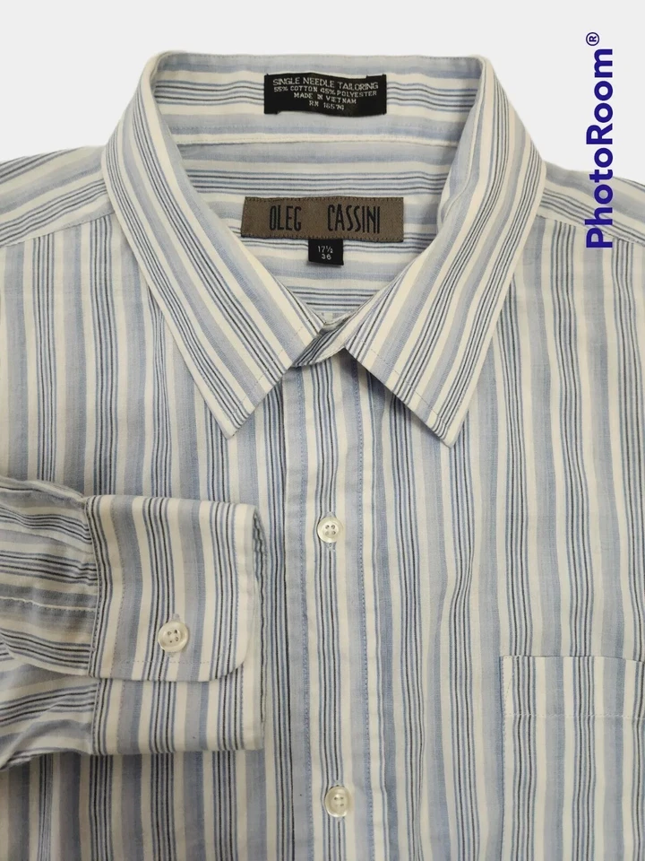  Camisa a Rayas OLEG CASSINI Para Hombres Azul Blanco 17 1/2 36 Botones Delanteros Manga Larga  Foto 3 de 4