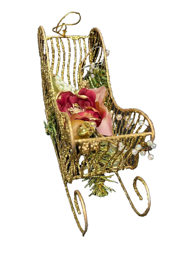 De colección Oro Brillo Navidad Trineo Decoración Metal 8" Vacaciones Floral Inserto Nuevo - Imagen 3 de 8