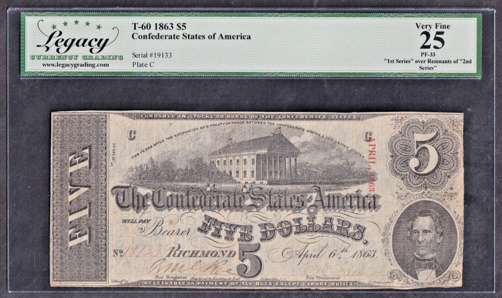 Error Confederate $5 T60 PF33 Keatinge & Ball 1st over 2nd Series Plate ...