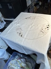 Vintage Luncheon Tablecloth Beige Cutwork Floral Rose Scalloped Edge Square 40"