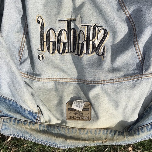 Rare Denim Trucker Jacket Jordache Jeepers Trashed Distressed XL Embroidery Jeep - Picture 19 of 19