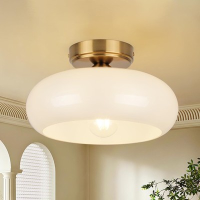 Semi Flush Mount Ceiling Light Fixture, 11'' Vintage Mid-Century Gold with Wh...