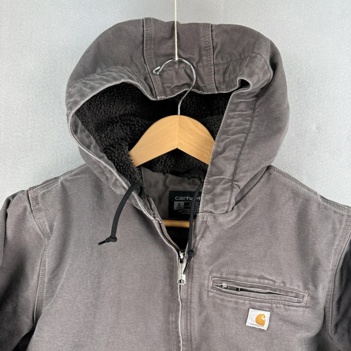 Carhartt Jacket Womens Small Gray Canvas Sherpa Lined Hooded Zip