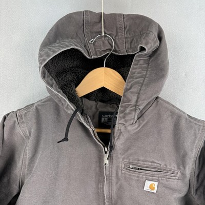 Carhartt Jacket Womens Small Gray Canvas Sherpa Lined Hooded Zip