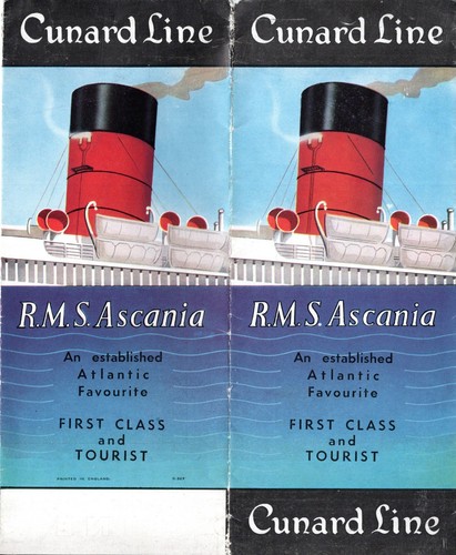 Circa 1950 Cunard ASCANIA Full Color Interiors Brochure - First & Tourist Class