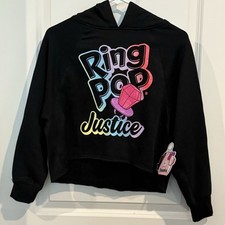 Justice Ring Pop Black Fleece Crop Hoodie Sweatshirt Girls L 12-14 NEW