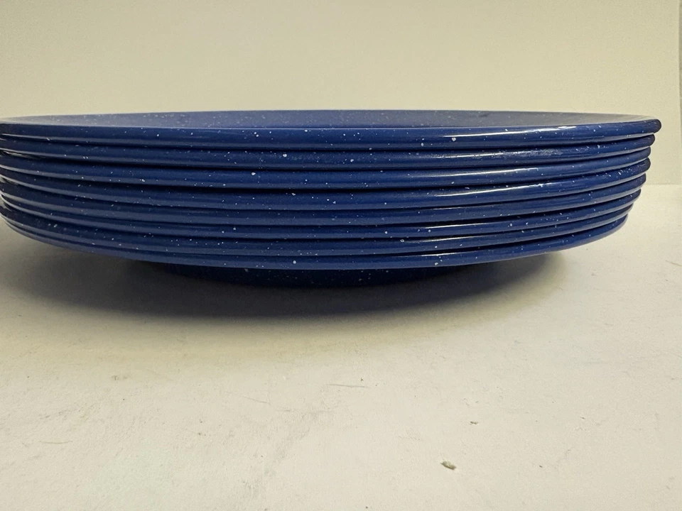 8 эмалированных синих тарелок для ужина/кемпинга Pottery Barn с белыми крапинками 11 3/4 дюйма - Изображение 3 из 4