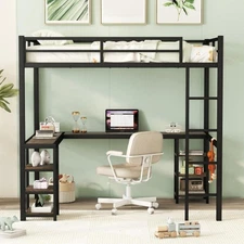 Full Metal Loft Bed with Desk , Loft Bed with Ladder and Guardrails, Black