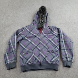 Volcom Jacket Girls XL Gray Plaid Full Zip Hooded Lined Faux Fur Trim Pockets